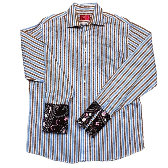 rufus dress shirts Blue/Brown * Elegant Pin Striped VIP Rufus Long Sleeve Button Down Shirt